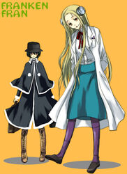  2girls arms_behind_back bad_id bad_pixiv_id black_eyes black_hair blonde_hair bolt_(hardware) boots franken_fran hat kosato lab_coat long_hair madaraki_fran madaraki_veronica multiple_girls pantyhose scar short_hair standing standing_on_one_leg stitches suitcase yellow_eyes 