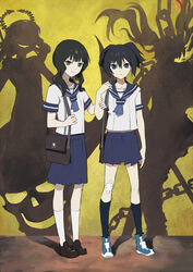  2girls aituoku bad_id bad_pixiv_id bag black_hair black_rock_shooter black_rock_shooter_(character) blue_eyes dead_master green_eyes kuroi_mato multiple_girls school_uniform serafuku shadow short_hair skirt smile socks standing takanashi_yomi twintails 