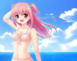  bad_id bad_pixiv_id bikini female hair_bobbles hair_ornament kourogi_mikage long_hair nononono_(manga) pink_hair red_eyes solo swimsuit two_side_up white_bikini yayoi_(pipi) 