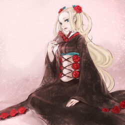  blonde_hair commentary_request female flower hiteihime_(katanagatari) japanese_clothes katanagatari kimono kno_(anahita) long_hair rose simple_background sitting solo 