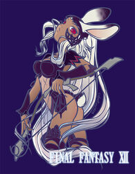  animal_ears armor ass bow_(weapon) breasts calvet commentary_request copyright_name dark-skinned_female dark_skin ears_through_headwear female final_fantasy final_fantasy_xii fran_(ff12) helmet long_hair medium_breasts rabbit_ears red_eyes solo viera weapon white_hair 