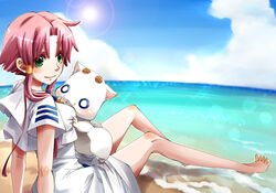  aria_(manga) aria_company_uniform aria_pokoteng barefoot beach blouse breast_press breasts cloud commentary_request day dress feet female green_eyes hair_tubes kagura_(anomalo-anima) legs lens_flare long_dress medium_breasts mizunashi_akari ocean outdoors pink_hair sailor_collar shirt short_hair_with_long_locks short_sleeves sidelocks sitting sky soaking_feet solo sun uniform water white_dress white_shirt 