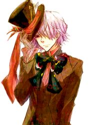  1boy bad_id bad_pixiv_id bow formal gloves hair_over_one_eye hamayoshi hat male_focus pandora_hearts red_eyes solo top_hat white_hair xerxes_break 