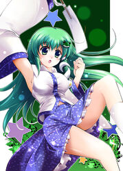  breasts commentary_request detached_sleeves female frog gohei green_eyes green_hair hair_ornament kochiya_sanae large_breasts long_hair photoshop_(medium) snake solo star_(symbol) touhou usuusu 