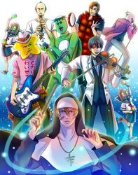  6+boys arakawa_under_the_bridge billy_(arakawa) black_hair blonde_hair blue_eyes castanets cigarette commentary_request cross crossdressing electric_guitar eriyama everyone fedora flute formal guitar habit hat hoshi_(arakawa) ichinomiya_kou instrument iron_brothers_(arakawa) jacket jewelry kappa kappa_(arakawa) last_samurai_(arakawa) male_focus maracas mask multiple_boys necklace nun recorder scar school_uniform serafuku shiro_(arakawa) shorts sister_(arakawa) tambourine traditional_nun violin whammy_bar 