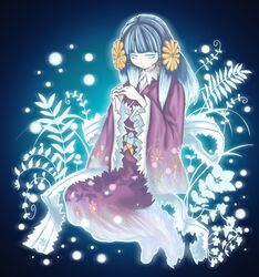  bad_id bad_pixiv_id blue_eyes blue_hair chiyo_(fragile) female flower fragile:_sayonara_tsuki_no_haikyo ghost hair_flower hair_ornament japanese_clothes kimono long_hair solo spirit willmisato 