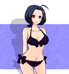  ahoge bikini black_bikini blue_hair brown_eyes commentary_request female highres idolmaster idolmaster_(classic) idolmaster_2 maiko_(yoshida308) miura_azusa navel short_hair solo swimsuit 