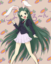  animal_ears blazer commentary_request cosplay female green_eyes green_hair jacket long_hair oerba_yun_fang open_mouth rabbit_ears reisen_udongein_inaba reisen_udongein_inaba_(cosplay) rokujou_jun solo suzumiya_haruhi_no_yuuutsu touhou tsuruya v very_long_hair 