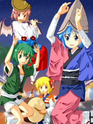  4girls amigasa animal_ears antennae artistic_error awa_odori_tokushima bad_id bad_pixiv_id blonde_hair blue_eyes blue_hair brown_eyes cirno flower flute green_eyes green_hair hat instrument japanese_clothes kimono multicolored_clothes multicolored_kimono multiple_girls mystia_lorelei pink_eyes pink_hair rumia ruu_(tksymkw) short_hair team_9_(touhou) torioigasa touhou wings wriggle_nightbug wrist_cuffs yukata 