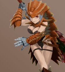  breasts brown_background commentary_request female it_apollo medium_breasts monster_hunter_(series) monster_hunter_frontier raviente red_eyes simple_background solo thigh_gap 