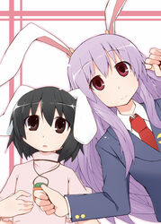  2girls animal_ears commentary_request inaba_tewi ladfa lying multiple_girls necktie photoshop_(medium) rabbit_ears red_necktie reisen_udongein_inaba touhou 