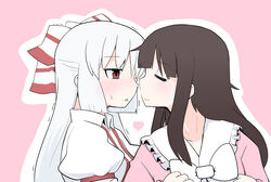  2girls blush brown_hair closed_eyes commentary_request fujiwara_no_mokou houraisan_kaguya imminent_kiss ladfa long_hair multiple_girls photoshop_(medium) profile simple_background smile sweatdrop touhou trembling upper_body white_hair yuri 