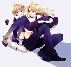  1boy black_thighhighs blonde_hair bow bowtie breasts brown_eyes coat commentary_request dual_persona durarara!! female genderswap_(mtf) heiwajima_shizuo highres ihiro large_breasts legs long_hair miniskirt panties pantyshot pencil_skirt photoshop_(medium) rule_63 skirt thighhighs tuxedo underwear vest 