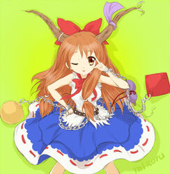  alcohol asahina_mikuru bow brown_eyes brown_hair chains commentary_request cosplay female gourd hairbow horns ibuki_suika ibuki_suika_(cosplay) long_hair mikuru_beam one_eye_closed rokujou_jun sake solo suzumiya_haruhi_no_yuuutsu touhou 