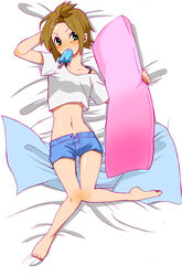  alternate_hairstyle babydoll_t-shirt bad_id bad_pixiv_id barefoot blue_shorts blush body_pillow brown_eyes brown_hair casual crop_top crop_top_overhang cropped_shirt dakimakura_(medium) denim denim_shorts female food full_body highres k-on! legs looking_at_viewer midriff mouth_hold navel open_fly pillow popsicle short_hair shorts solo tainaka_ritsu tasuku thigh_gap unzipped 