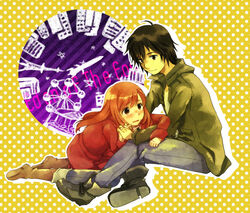  1boy black_eyes black_hair blush boots brown_eyes coat commentary_request couple female higashi_no_eden holding_hands interlocked_fingers kneeling long_hair morimi_saki orange_hair sitting smile straight takana_(nanao) takizawa_akira 