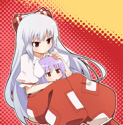  2girls :3 aged_down animal_ears blush bow chibi commentary_request fujiwara_no_mokou grey_hair hairbow halftone halftone_background hand_on_another&#039;s_head hug hug_from_behind ladfa large_bow light_purple_hair long_hair multiple_girls ofuda pants photoshop_(medium) rabbit_ears red_eyes reisen_udongein_inaba sidelocks sitting sitting_on_lap sitting_on_person touhou 