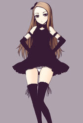  black_dress black_thighhighs bow brown_eyes brown_hair commentary_request dress elbow_gloves female gloves hairbow hands_on_own_hips idolmaster idolmaster_(classic) idolmaster_2 long_hair minase_iori panties photoshop_(medium) simple_background solo standing thighhighs underwear wakame white_panties 