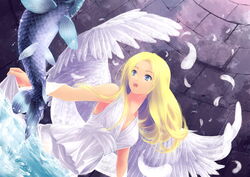  bad_id bad_pixiv_id blonde_hair blue_eyes dress ehekatl_of_luck elona female fish nohiro_(hayah) solo wings 