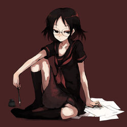  arm_support bad_id bad_pixiv_id black_eyes black_hair black_socks commentary_request female freckles freckles-san_(houkago_play) glasses houkago_play houkago_play_2 ink kasa_(hitori_sanka) kneehighs paper pen school_uniform serafuku short_hair sitting socks solo 