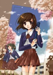  1boy 3girls brown_eyes brown_hair cherry_blossoms clock diploma falling_petals framed graduation hair_ornament hairclip holding morozumi_junka multiple_girls non-web_source open_mouth original petals pleated_skirt school school_uniform serafuku short_hair skirt tears teeth thighhighs upper_teeth_only zettai_ryouiki 