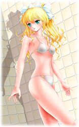  bad_id bad_pixiv_id bikini blonde_hair commentary_request dutch_angle female green_eyes highres honeycoming_royalsweet md5_mismatch miharin resolution_mismatch solo swimsuit tagaya_marino twintails wet white_bikini 