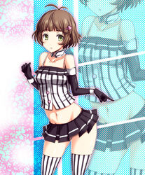  1boy akizuki_ryo blush commentary_request crossdressing elbow_gloves eyeshadow gloves hair_ornament idolmaster idolmaster_dearly_stars lipstick makeup male_focus midriff otoko_no_ko photoshop_(medium) skirt solo striped thighhighs wakame zoom_layer 