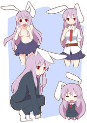  alternate_costume animal_ears belt blazer chibi commentary_request female jacket ladfa multiple_views pants photoshop_(medium) pink_hair rabbit_ears red_eyes reisen_udongein_inaba squatting tears topless touhou 