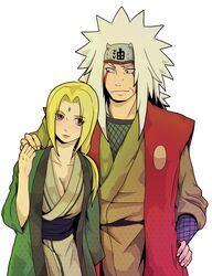  1boy blonde_hair blush breasts brown_eyes cleavage collarbone commentary_request couple facepaint facial_mark female fishnets forehead_mark forehead_protector grey_kimono hand_on_own_hip hand_on_shoulder height_difference japanese_clothes jiraiya_(naruto) kimono long_hair makeup manly mature_female medium_breasts naruto naruto_(series) simple_background straight tamagokara tsunade_(naruto) white_background white_hair 