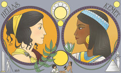  2boys 2girls aged_down ancient_egypt_(hetalia) ancient_greece_(hetalia) art_nouveau axis_powers_hetalia black_hair blue_eyes brown_eyes circle commentary_request dark_skin egypt_(hetalia) egyptian flower greece_(hetalia) highres laurels lotus multiple_boys multiple_girls photoshop_(medium) profile pyramid_(structure) zee 