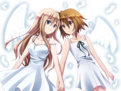  2girls blonde_hair blue_eyes breasts brown_eyes brown_hair choker cleavage commentary_request dress feathers hair_down highres holding_hands interlocked_fingers k-on! kotobuki_tsumugi long_hair medium_breasts multiple_girls ribbon ribbon_choker short_hair smile soraeda strap_slip tainaka_ritsu white_dress wings 