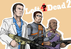  3boys ? assault_rifle bald beard blue_shirt brown_hair coach_(left_4_dead) collarbone commentary_request company_connection crossover crowbar dark-skinned_male dark_skin facial_hair flashlight fn_scar fn_scar_16 glasses goatee gordon_freeman gun half-life_(series) half-life_2 harahachibu_ajinosuke hev_suit holding holding_crowbar holding_gun holding_weapon left_4_dead left_4_dead_2 long_sleeves male_focus multiple_boys nick_(left_4_dead) open_clothes open_shirt raised_eyebrow rifle shirt short_hair shotgun stubble sweat sweatdrop trigger_discipline valve_software weapon white_shirt 