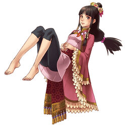  barefoot black_hair capri_pants feet female floating flower gyakuten_saiban hair_flower hair_ornament half_updo head_wreath jewelry kobashi long_hair low-tied_long_hair magatama maya_fey necklace pants solo 