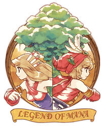  1boy blonde_hair commentary_request feathers female hat imu_(lom) legend_of_mana long_hair seiken_densetsu toto_(lom) tree urue 