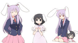  2girls aged_down animal_ears black_eyes black_hair blazer chibi clenched_hands commentary_request dress eating hands_on_own_hips inaba_tewi jacket jewelry kneeling ladfa long_hair multiple_girls necktie pendant photoshop_(medium) pink_dress pink_hair rabbit_ears red_eyes reisen_udongein_inaba ribbon short_hair sitting touhou v_arms wariza 