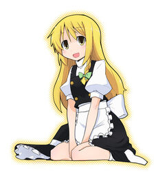  :d apron blonde_hair bow braid commentary_request female hairbow hat kirisame_marisa ladfa open_mouth photoshop_(medium) side_braid sitting smile socks solo touhou unworn_hat unworn_headwear v_arms wariza witch_hat yellow_eyes 