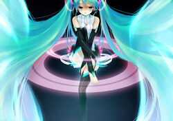  aqua_eyes aqua_hair bad_id bad_pixiv_id barefoot breasts bridal_gauntlets cleavage elbow_gloves female fingerless_gloves gloves hatsune_miku hatsune_miku_(append) highres legs long_hair medium_breasts nail_polish necktie sitting solo strib_und_werde toeless_legwear toenail_polish toenails twintails very_long_hair vocaloid vocaloid_append 