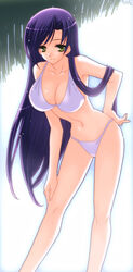  bikini breasts brown_eyes commentary_request female kkr large_breasts long_hair original photoshop_(medium) purple_hair solo swimsuit 