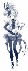  birdcage blue_theme cage commentary_request dress echo_(pandora_hearts) female grey_eyes hat highres kugifumi_rinne mini_hat mini_top_hat monochrome pandora_hearts pantyhose ribbon solo top_hat 