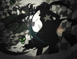  2girls ann606 arm_cannon battle black_hair black_rock_shooter black_rock_shooter_(character) checkered commentary_request dead_master duel green_eyes leggings long_hair multiple_girls skull star_(symbol) weapon 