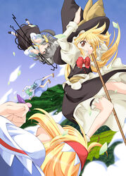  4girls alice_margatroid animal_ears aqua_hair blonde_hair broom capelet closed_eyes commentary_request geta grey_hair hairband hat jewelry kirisame_marisa long_hair mouse_ears mouse_tail multiple_girls nazrin one_eye_closed partial_commentary pendant photoshop_(medium) sandals short_hair tail tatara_kogasa touhou umbrella usuusu witch_hat 