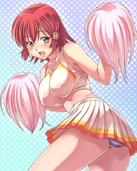  breasts cheerleader e20 female highres impossible_clothes impossible_shirt large_breasts midriff panties pom_pom_(cheerleading) quiz_magic_academy red_hair ruquia shirt short_hair solo striped_clothes striped_panties underwear 