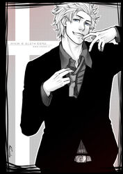  1boy alatherna axis_powers_hetalia belt blue_eyes border commentary denmark_(hetalia) english_commentary flag formal grin male_focus md5_mismatch monochrome necktie open_collar photoshop_(medium) resolution_mismatch screentones smile solo source_larger spot_color suit 