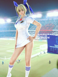  3d blonde_hair blue_eyes breasts clothes_writing covered_nipples female legs m-rs medium_breasts original solo sportswear world_cup 