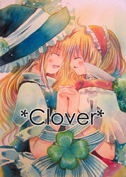  2girls alice_margatroid closed_eyes clover commentary_request english_text four-leaf_clover holding_hands interlocked_fingers kirisame_marisa multiple_girls painting_(medium) profile tei touhou traditional_media watercolor_(medium) 