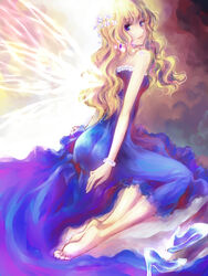  bad_id bad_pixiv_id barefoot blonde_hair blue_eyes bracelet curly_hair dress earrings feet female flower hair_flower hair_ornament high_heels highres jewelry kneeling long_hair looking_at_viewer looking_back macross macross_frontier sheryl_nome shoes single_earring smile soles solo strib_und_werde toes unworn_shoes wavy_hair wings 