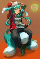  animal_ears ankle_boots aqua_hair arms_behind_head arms_up bad_id bad_pixiv_id baseball_cap boots carbuncle_(final_fantasy) facial_mark female final_fantasy forehead_mark hat hood hoodie jacket katsuma_(perestronica) long_hair personification photoshop_(medium) red_eyes sitting solo tail 