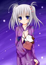  bag blue_eyes commentary_request feline female flower hair_flower hair_ornament handbag japanese_clothes kimono long_hair paw_print primula shuffle! solo t_(dyuhuhudyukusi) twintails white_hair yukata 