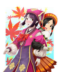  2girls back-to-back black_hair blush bow braid commentary_request dress guild_sweetheart hat konaha_(monster_hunter) leaf locked_arms monster_hunter_(series) monster_hunter_3 monster_hunter_portable_3rd multiple_girls open_mouth pale_skin purple_hair short_hair single_braid wankosukii 