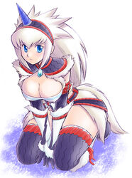  bad_id bad_pixiv_id blue_eyes breasts cleavage elbow_gloves female gloves hairband horns kirin_(armor) large_breasts miyasumi_(jam_session) monster_hunter_(character) monster_hunter_(series) photoshop_(medium) single_horn solo thighhighs white_hair 